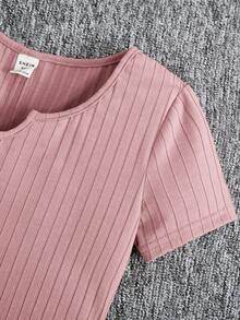 SHEIN 初中女孩針織純色小V領一件式便服短褲套裝（2件裝） - 淺粉色 - 查看 3