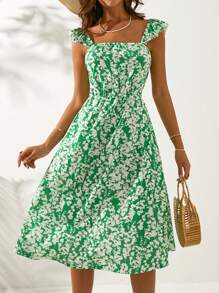 EURMUSE Women Square Neck Ruffle Sleeve Back Tie Midi Dress - Green - View 6