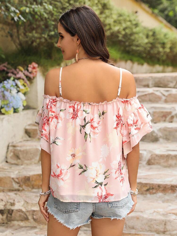 Women's Ruffle Short Sleeve Floral Print Loose Elegant Blouse For Beach Vacation