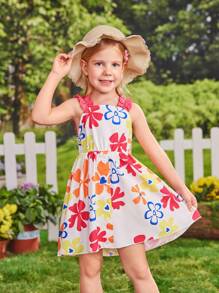 SHEIN Đầm bé gái Nút viền lá sen Hoa Boho - trắng - Xem 7