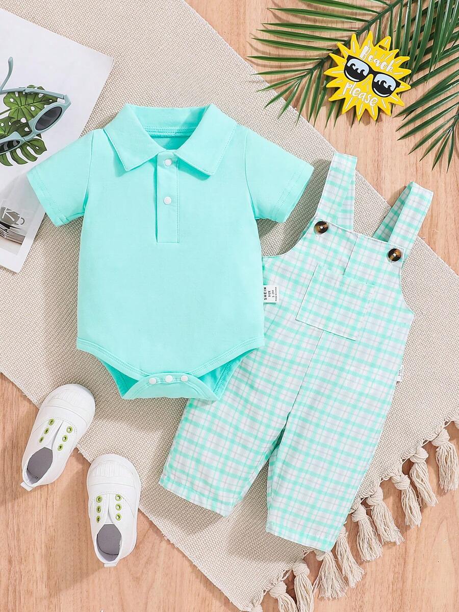 SHEIN 2pcs/Set Baby Boy Cute Plaid Print Sleeveless Outfit For Spring - Multicolor - View 1