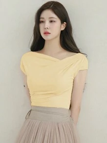DAZY Ladies' Summer Solid Color Asymmetrical Neck Ruched Slim Fit Short-Sleeved T-Shirt Going Out Tops - Yellow - View 3