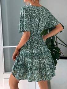 Breezaya 女士時尚V領蕾絲修邊花卉印花連衣裙，腰間收攏設計 - 彩色 - 查看 2