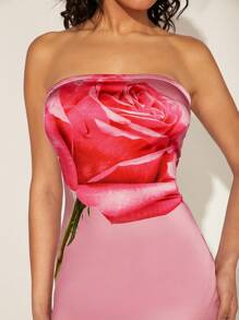 Hauture Women Floral Satin Tube Bodycon Dress Summer Bandeau Dress