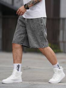 Manfinity Homme Men Straight Waist Cinched Denim Shorts - Light Grey - View 3