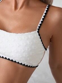 SHEIN Swim 女士夏季海灘對比邊緣凸花比基尼上衣 - 黑與白 - 查看 8