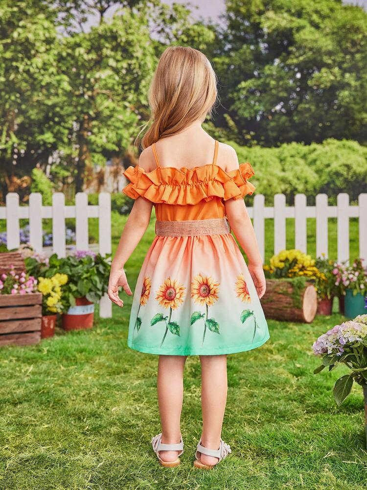 Young Girls' Spring/Autumn Sweet & Cute Vacation Sunflower Printed Off-Shoulder Dress