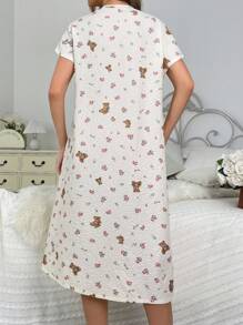 Vestido de pijama de manga corta para mujer con estampado de oso lindo y florecitas