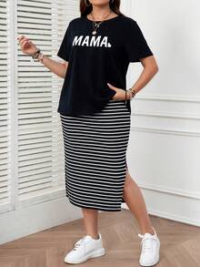 SHEIN LUNE MAMA＆Kids媽媽黑白條紋彈性腰裙搭配字母印花T恤加大碼2件套裝 - 黑與白 - 查看 2