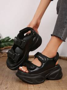 Sandales athlétiques pour femmes, sandales athlétiques à bout ouvert avec boucle et pour femmes, sandales compensées à semelle épaisse noires - Noir - Voir 4