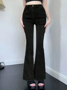 DAZY Jeans acampanados con bolsillos de uso diario casual para mujeres