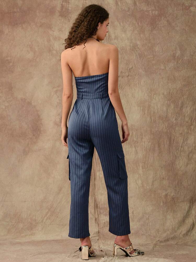 Summer New Style Women Striped Jumpsuit With Pocket, Tooling Style, Sexy And Fashionable