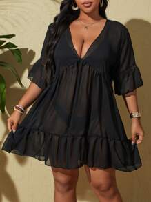 Swim Lushoire Plus Size Vacation Beach Solid Color Deep V-Neck Sheer Cover Up Dress,Summer Beach - Black - View 4