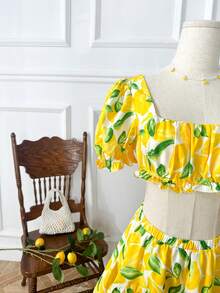 Soleia Lemon Printed Square Neck Cropped Top And Ruffle Trim Skirt - Yellow - View 5