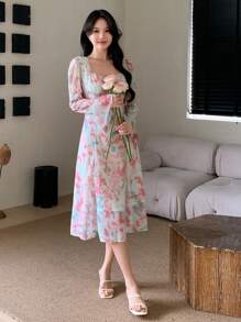 DAZY 女士印花方领优雅长袖连衣裙，荷叶边，秋季度假装扮，女士碎花连衣裙 - 彩色 - 查看 4