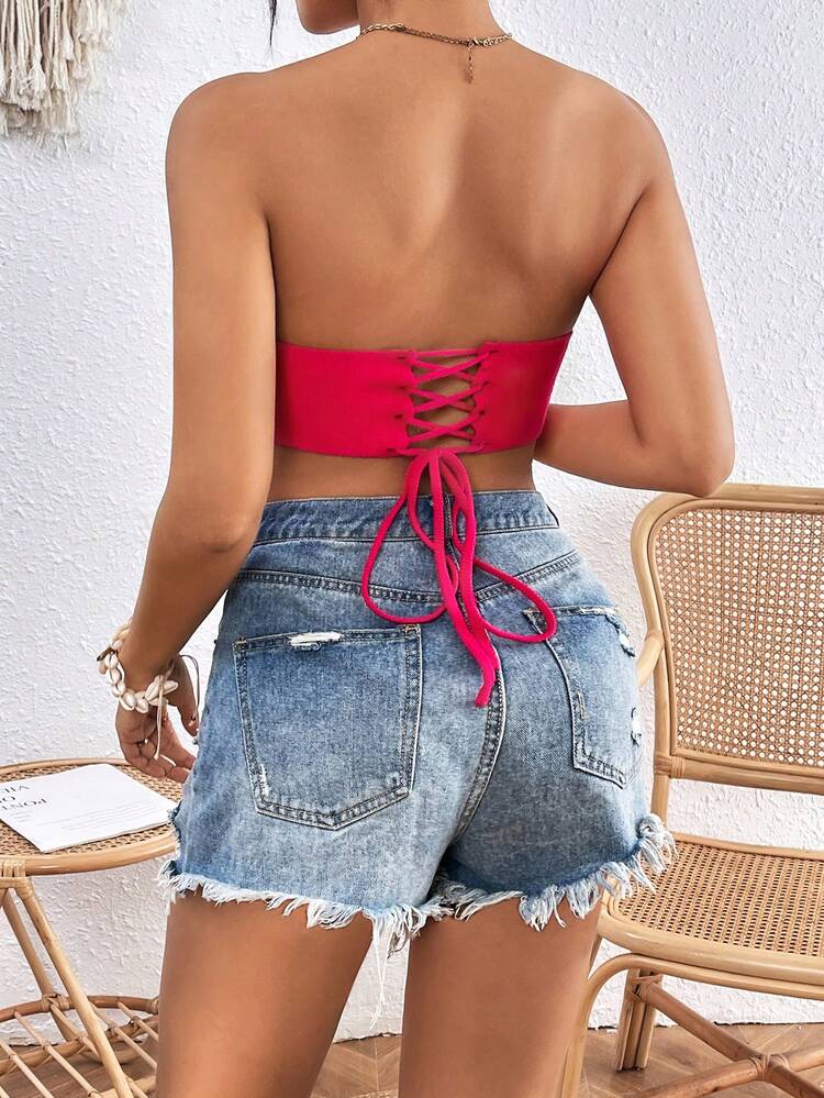 Women Solid Color Twisted Cross Strap Waist Cinched Bandeau Top For Beach Vacation Summer