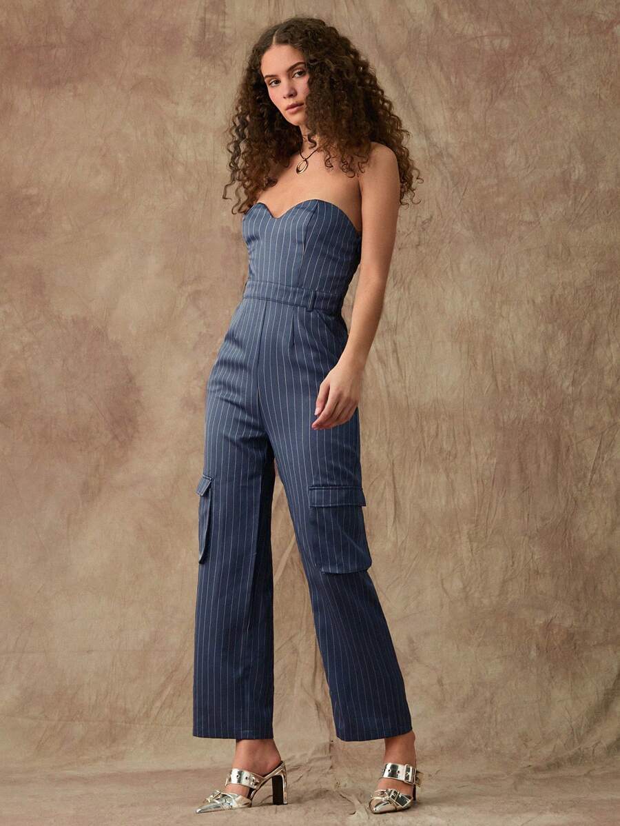 Forever 21 Summer New Style Women Striped Jumpsuit With Pocket, Tooling Style, Sexy And Fashionable - Grey - View 1