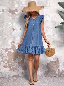 SHEIN LUNE Ruffle Trim Button Front Denim Dress - Blue - View 1