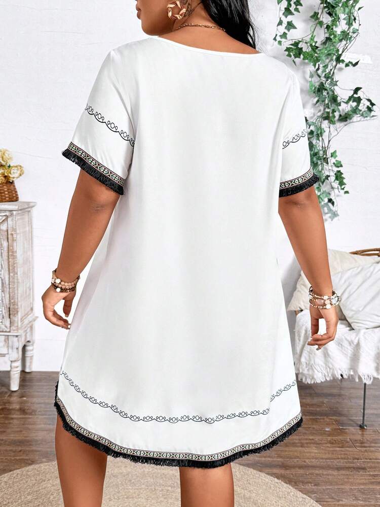 Plus Size Holiday Leisure Printed A-Line Loose Short Sleeve Dress