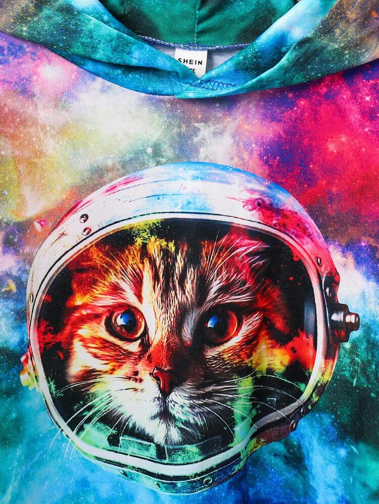 Boys' Casual Cat Animal & Holographic Print Hooded Short Sleeve Top And Pants Knit Two Piece Set