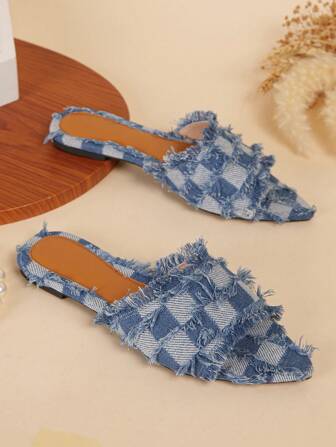 Jeans Blue Women Pointed Toe Slippers Outside Wearing Fashionable Sandals