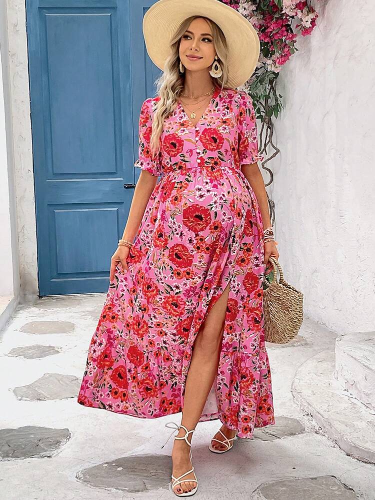 Maternity Fashion V-Neck Floral Print Dress