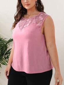 SHEIN CURVE+ Plus Size Lace Splice Sleeveless Shirt For Beach In Summer