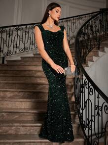 Zolique 女士甜心领口闪亮美人鱼连衣裙适合节日派对服装超长亮片女士服装 - 綠色 - 查看 6
