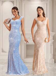 SHEIN Belle Đầm maxi đính sequin cổ tim dáng đuôi cá cho nữ, thích hợp dự tiệc ngày lễ, đầm dạ hội, đầm flapper gợi cảm, đầm ngắn bốn mùa, đầm cocktail ngắn cho tiệc năm mới, đầm thanh lịch cho nữ, trang phục năm mới cho nữ, đầm cocktail ngắn cho tiệc năm mới, đầm ngắn cho nữ, trang phục đi xem hòa nhạc cho nữ, trang phục đi nghỉ mát cho nữ. - Màu xanh nhạt - Xem 3