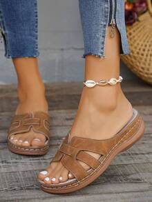 Summer New Design Brown PU Bowknot Wedge Heel Sandals, Women Large Size 36-43 Casual Lightweight Slides With Thick Platform Sole For Daily Outdoor Wear, Versatile - 棕色 - 查看 1