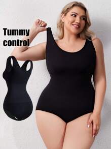 SHEIN Plus Size Women Solid Color Simple Tank Body Shaper Bodysuit - Black - View 6