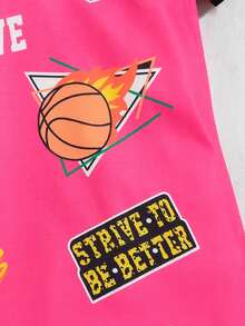 Vestido Polo de manga corta para niña preadolescente con estampado de letras y vestido de cuadros - Rosa Fucsia - Ver 4