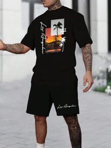 Manfinity RSRT Men Summer Palm Tree Letter Print Round Neck Short Sleeve Casual T-Shirt And Shorts Set - Black - View 1
