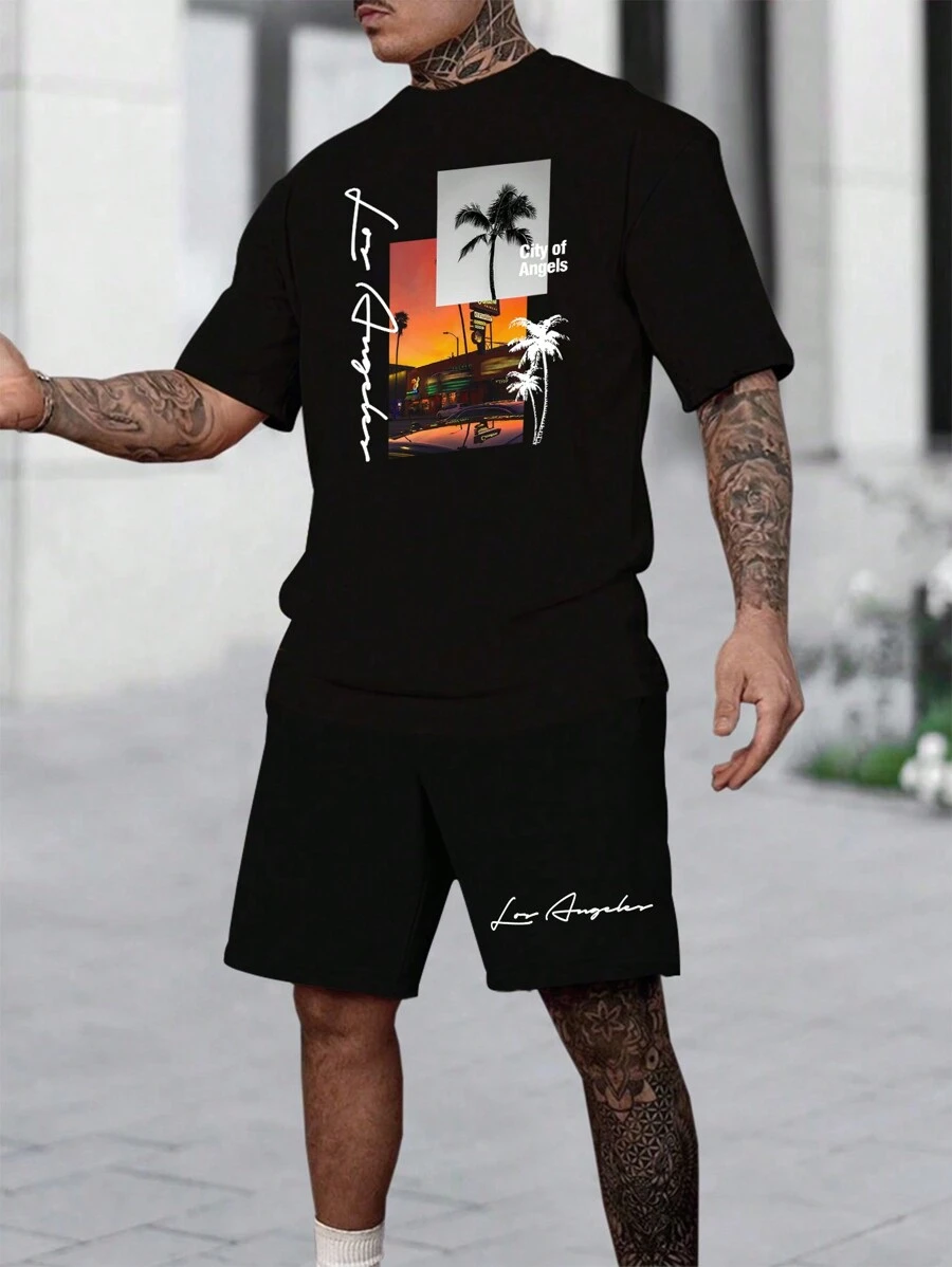 Manfinity RSRT Men Summer Palm Tree Letter Print Round Neck Short Sleeve Casual T-Shirt And Shorts Set - Black - View 1