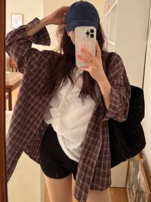 DAZY 女士宽松格子翻领长衬衫、长袖上衣、秋装、法兰绒女装 - 紅色 - 查看 1