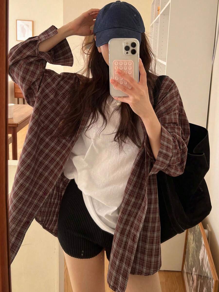 DAZY 女士宽松格子翻领长衬衫、长袖上衣、秋装、法兰绒女装 - 紅色 - 查看 1