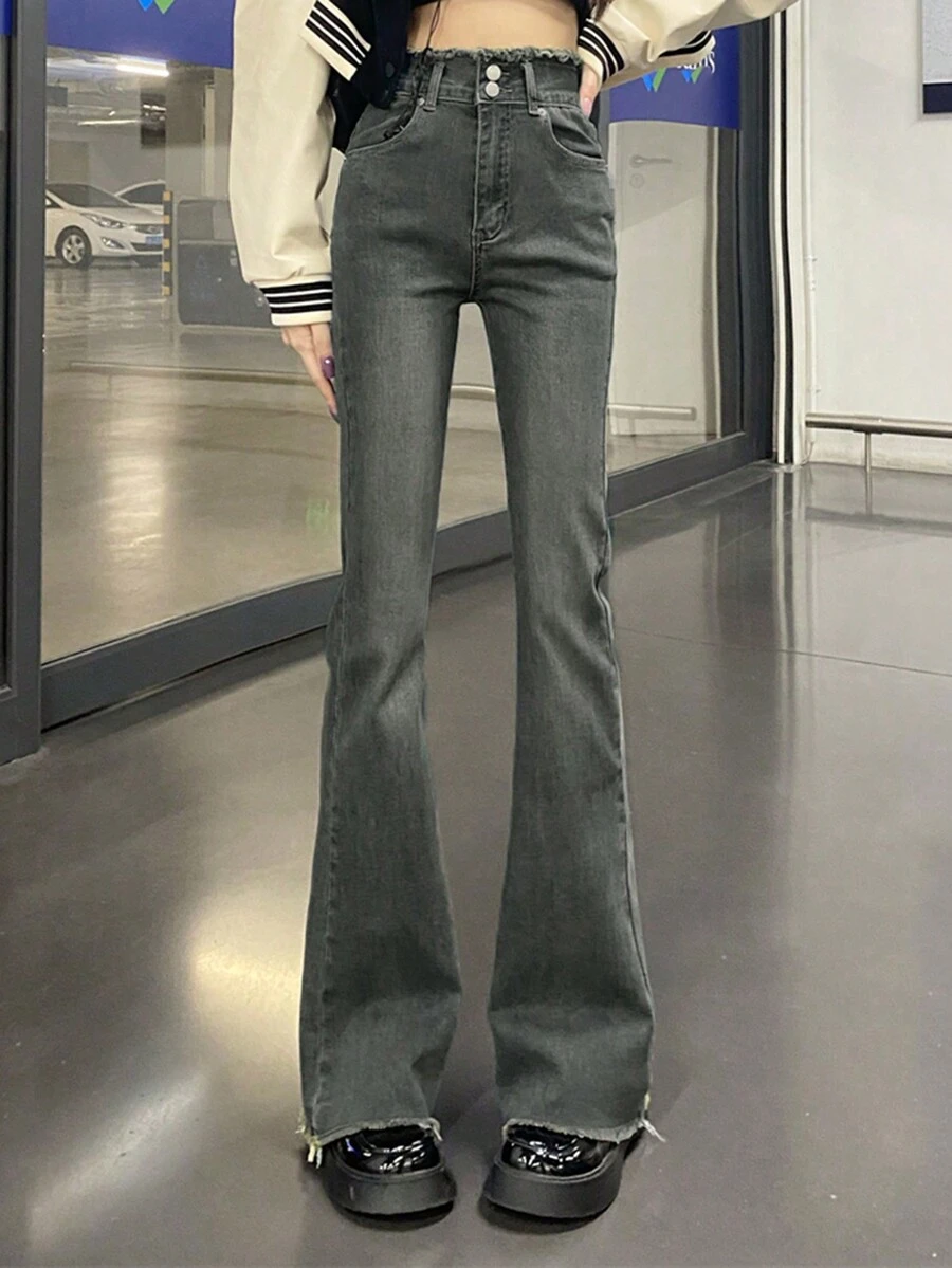 女式休闲喇叭牛仔裤，带口袋 - 灰色 - 查看 1