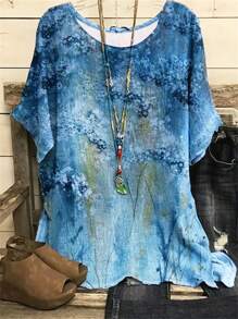 INAWLY Plus Size Tie-Dye Pattern Round Neck Casual T-Shirt Tee, Women Summer Top - Multicolor - View 1