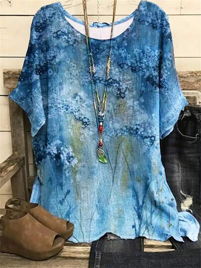 INAWLY Plus Size Tie-Dye Pattern Round Neck Casual T-Shirt Tee, Women Summer Top