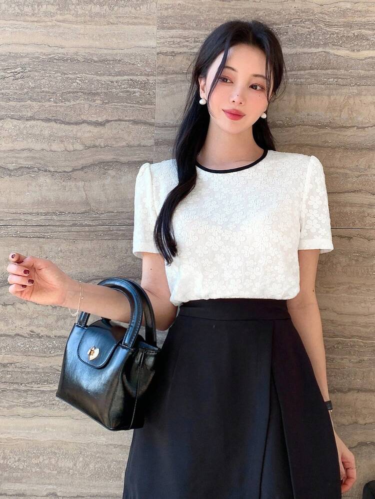 Ladies' Loose-Fitting Short Sleeve Contrast Color Splicing Shirt With Round Neck And Tie Summer,Crop Tops Women