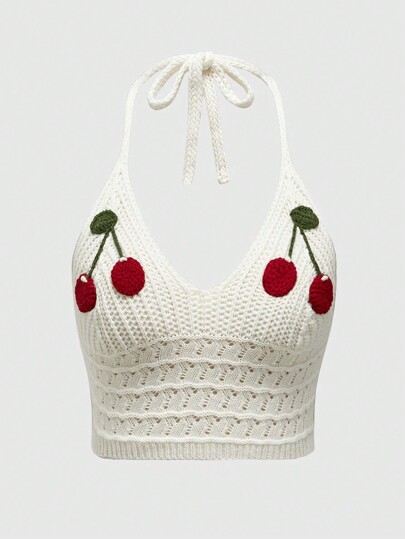 Kawaii Top tricoté à motif cerise pour femme, style ras-du-cou, parfait pour l'été