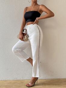 SHEIN Essnce 休閒女士寬鬆蕾絲側邊及口袋裝飾白色套裝白褲白麻褲女裝夏季褲