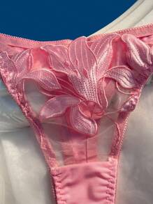Women Floral Embroidered Mesh Bra & Panty Underwear Set With Underwire, 2 Pieces Lingerie - Pink - View 4