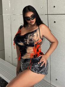 Flirla 夏季大尺碼女性印花 V 領交叉背部休閒背心上衣 - 彩色 - 查看 3