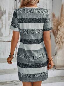 EMERY ROSE V-Neck Striped Colorblock Short Sleeve Summer Dress - Grey - View 2