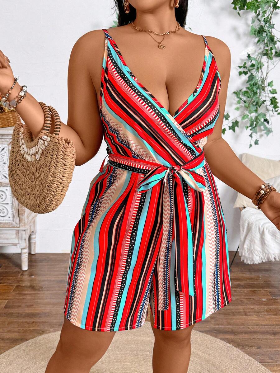 Breezaya 加大尺寸女士鬆身條紋假期連身褲，配細肩帶 - 彩色 - 查看 1