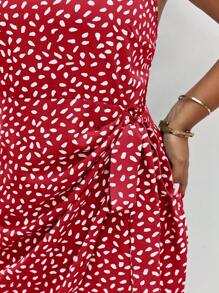 SHEIN Frenchy 大尺碼女裝隨機印花露肩簡約連衣裙 - 紅色 - 查看 4