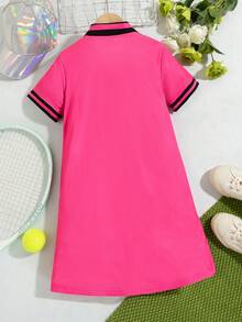 Vestido Polo de manga corta para niña preadolescente con estampado de letras y vestido de cuadros - Rosa Fucsia - Ver 2