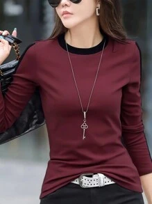 INAWLY Của phụ nữ Màu sắc Chặn Tay áo dài Áo thun - Đỏ - Xem 6