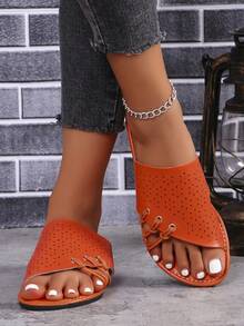 欧美女士平底拖鞋夏季新款镂空露趾大码凉鞋 - 橘色 - 查看 3